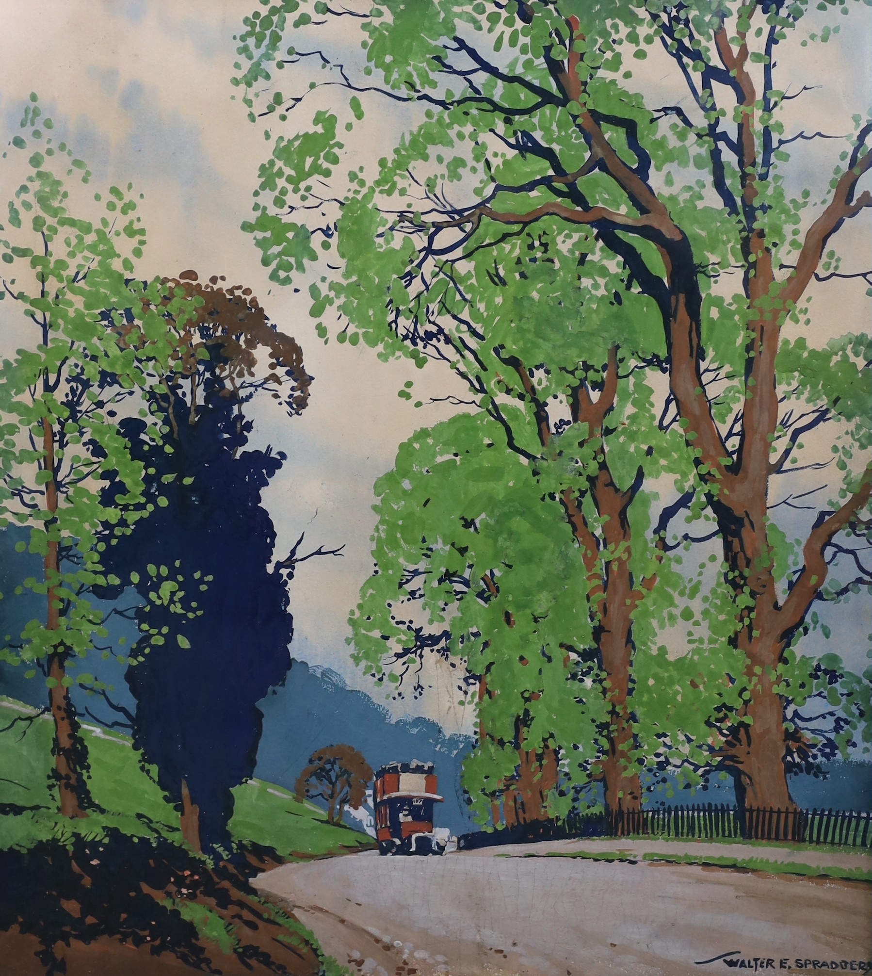 Walter Ernest Spradbery (British, 1889-1969), 'Boxhill by Motor Bus', original gouache for London Transport poster, 49 x 45cm